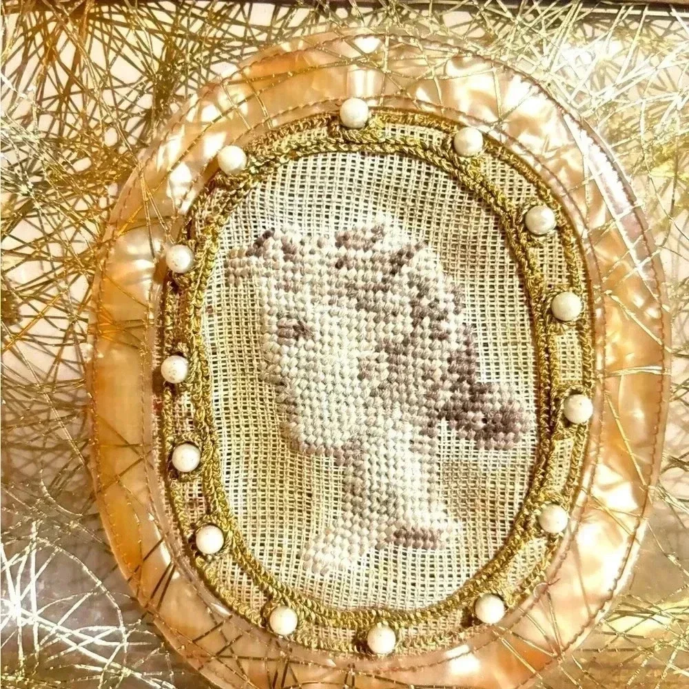 Vintage clear plastic gold inlay embroidered purse/ clutch